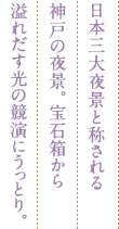 日本三大夜景と称される神戸の夜景。宝石箱から溢れだす光の競演にうっとり。